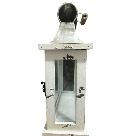Rustic White Metal & Wood Lantern With Glass Panels - Picture 6 of 7